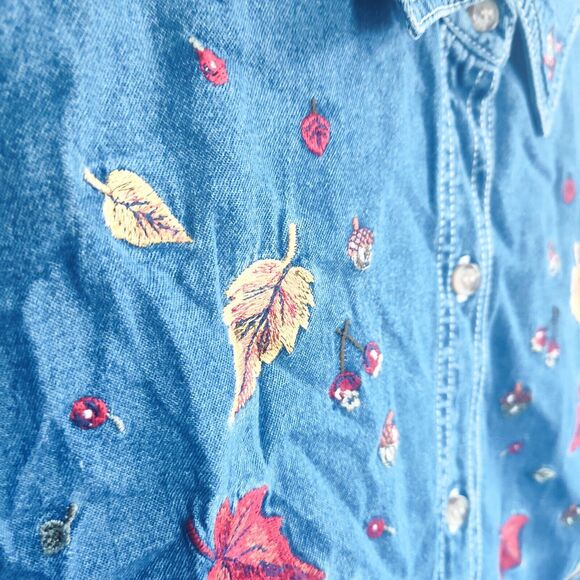 At Last & Co 14 / 16 Cotton Denim Embroidered  Shirt Button Womens Leaf Fall Vtg - Picture 5 of 10